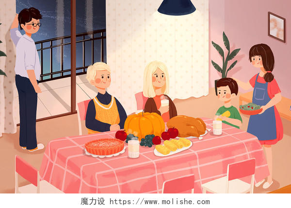 节日手绘感恩节大餐家庭团聚背景海报素材插画